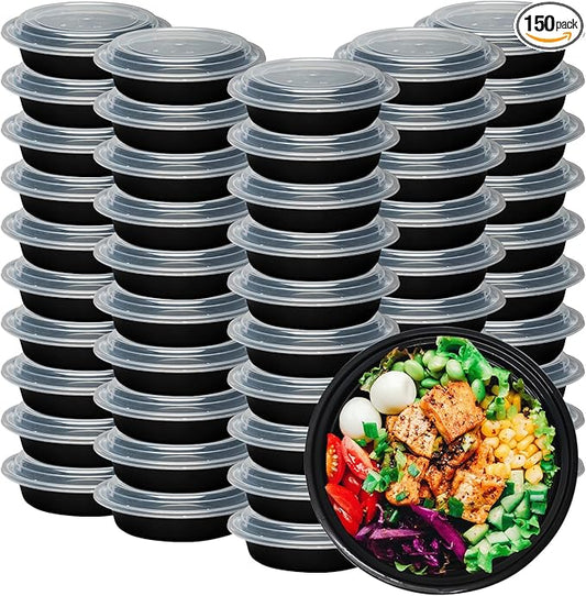 Klex 24 Oz, 150 Sets Meal Prep Containers with Airtight Lids, BPA Free, Reusable Plastic Food Container, 24 oz, Round, Black/Clear, 150 Sets