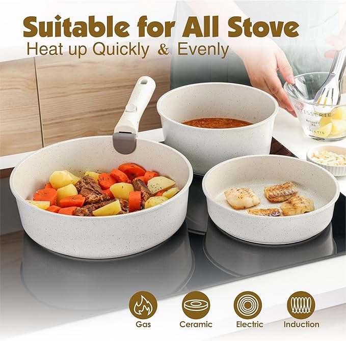 SENSARTE 24 Piece Pots and Pans Set, Nonstick Detachable Handle Cookware, Induction Kitchen Cookware Set with Removable Handle, Healthy Non Stick for RV, Dishwasher ＆ Oven Safe (White)