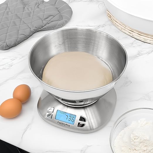 Stainless Steel Digital Kitchen Scale w. Bowl - for Food Coffee Lab - LCD Display gram Ounces lb:oz lb ml - 12 LBS/5.5 KG Capacity - Battery Included - Silver by The Display Guys