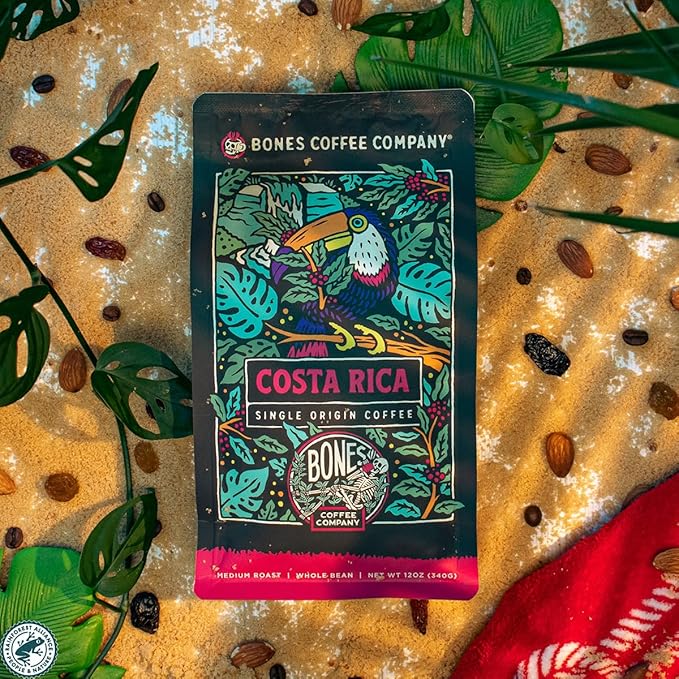 Bones Coffee Company Costa Rica Single-Origin, Cocoa, Nutty and Milk Chocolate Notes, Whole Coffee Beans, Low Acid Medium Roast Arabica Beans Flavored Coffee for Auto drip, 12 oz Whole Bean