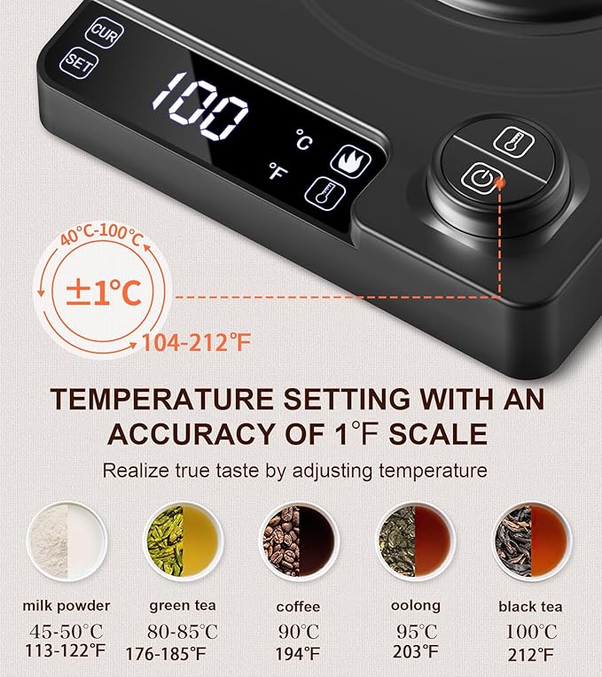 1.0L Electric Gooseneck Kettle, ±1℉ Temperature Control & Keep warm, for Pour Over Coffee and Tea, 304 Stainless Steel Inner and lid, Quick Heating Electric Kettles for Boiling Water