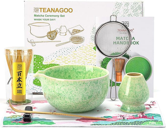 TEANAGOO Matcha Whisk Set,7 Pcs Matcha Set Green,Ceremony Matcha Kit,Matcha Tea Set for Making Latte,Ceramic Bowl(chawan) whith Spout and Whisk,Gift for Matcha Lovers