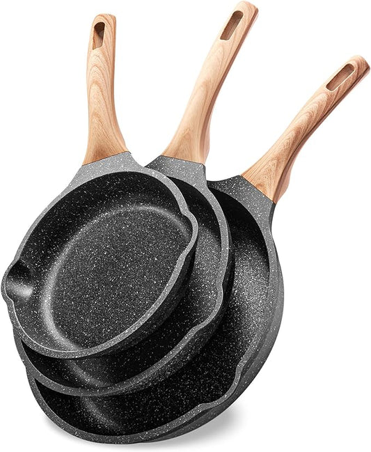 Non Stick Frying Pan Set - YIIFEEO Granite Skillet Set with 100% PFOA & PTFE Free, Induction Egg Omelette Pans for Cooking Pan Set, Cookware Set Nonstick Pots and Pans Set Gift for Women