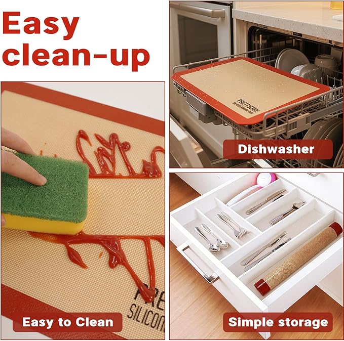 Silicone Baking Mat Set by PrettyCare (2 Half Sheet and 1 Quarter Sheet) Non Stick Cookie Baking Supplies for Bake Pans & Toaster Oven - Macaron/Pastry/Bun/Bread