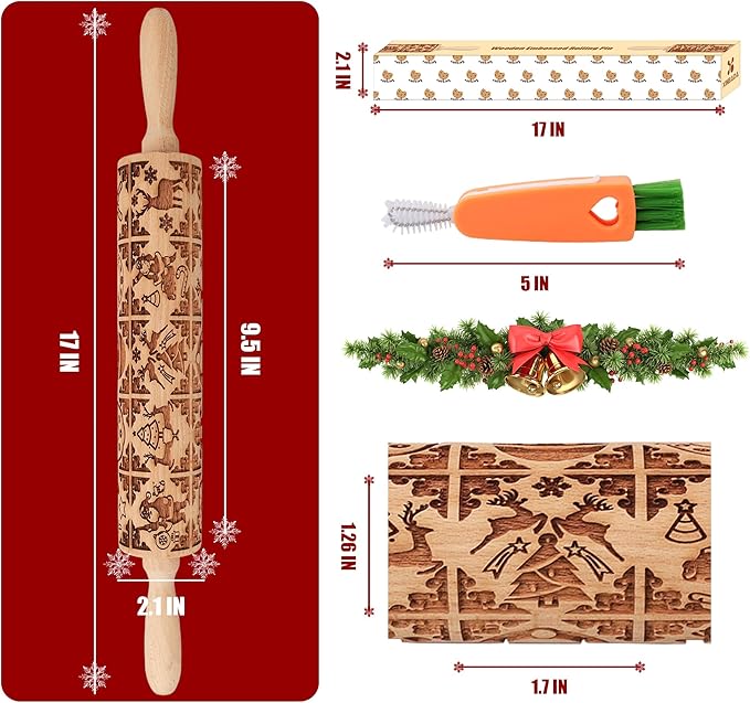 17" Premium Wooden Rolling Pins for Baking with Stamp Embossed Designs | 3mm Deep Springerle Cookie Molds | Christmas Rolling Pin & Baking Gifts for Women | Includes 3-in-1 Cleaning Brush
