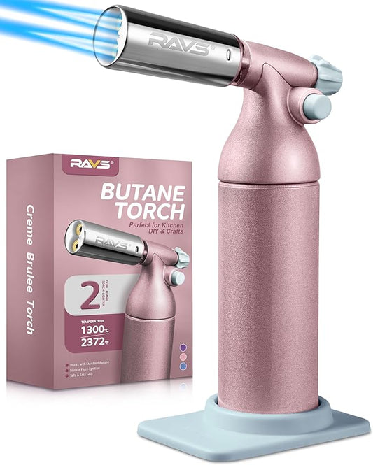 RAVS Refillable Double Flame Butane Torch, Creme Brulee Torch with Adjustable Flame, 20G Large Capacity Culinary Torch for Soldering, BBQ, Baking, DIY, Unique Gifts for Women, Butane Fuel Not Included
