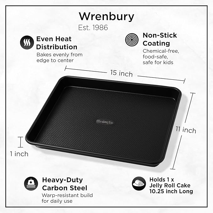 Wrenbury Jelly Roll Pan 15x10 - Carbon Steel DuraQuartz Non Toxic Large Baking Sheet - ⅔ Sheet Pan for Cookies
