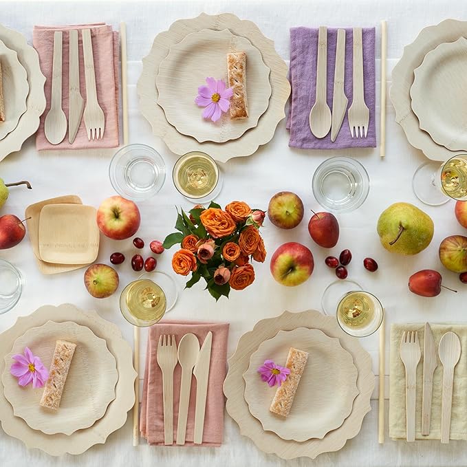 Bambu Pack of 8 - 11 Inch Disposable Bamboo Plates Fancy, Biodegradable Eco Friendly Products, Bamboo Disposable Plates for Events, Compostable Plates