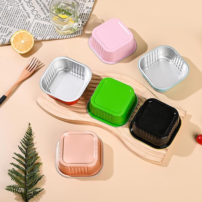 Mini Cake Pans With Lids (10oz,40 Pack) 4”x4” Aluminum Foil Square Cupcake Liners Brownie Baking Cups, Disposable Large Cupcake Pan, Jumbo Muffin Tin Ramekins