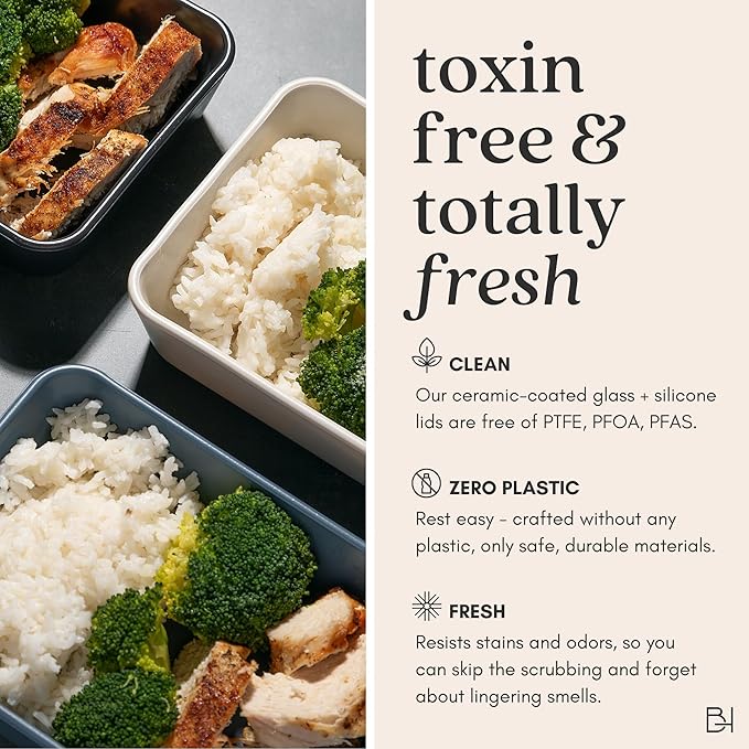 Ceramic Coated Glass Food Storage Container | No PTFE, PFOA, PFAS, and BPA | Reusable Non Toxic Meal Prep Container with Glass Lid | Easy To Store | 5 Cup Square [Onyx]