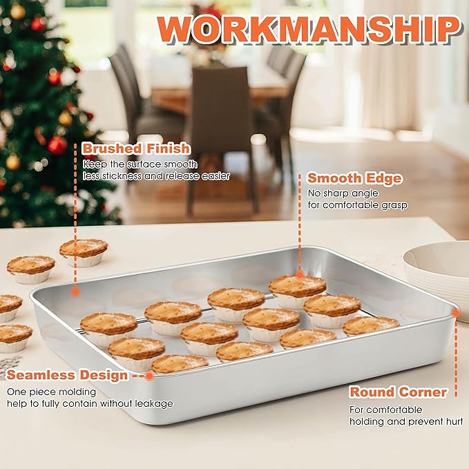 Herogo Rectangle Cake Pan Set of 2, 9 X 13 Inch Stainless Steel Baking Pan for Oven, Lasagna Brownies Casseroles Cakes Bakeware, Dishwasher Safe