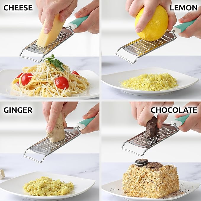 Zulay Kitchen Professional Cheese Grater Stainless Steel - Durable Rust-Proof Metal Lemon Zester Grater With Handle - Flat Handheld Grater For Cheese, Chocolate, Spices, And More - Mint
