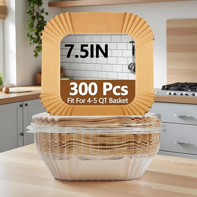 7.5 Inch Air Fryer Liner Disposable, 300Pcs Air Fryer Paper Liners, Oil-Proof & High-Temperature Resistant Parchment Baking Paper for Air Fryer, Microwave and Oven（Bottom Is 6.3 Inch）