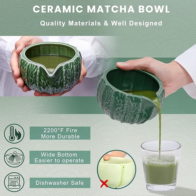 Matcha Whisk Set, Cactus Dark Green Ceramic Matcha Set Includes Matcha Bowl, Matcha Whisk (Chasen) and Holder, Sifter, Bamboo Scoop & Spoon - 6 Pcs Matcha Kit for Matcha Lovers