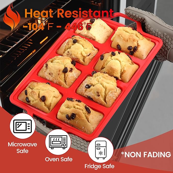 Mini Loaf Pan Silicone, Metal Reinforced Silicone Mini Bread Loaf Pan Nonstick Cornbread Pan 8 Cavities Small Loaf Pans for Baking Bread, Loaf, Meatloaf, Brownie, Butter 1Pack Red