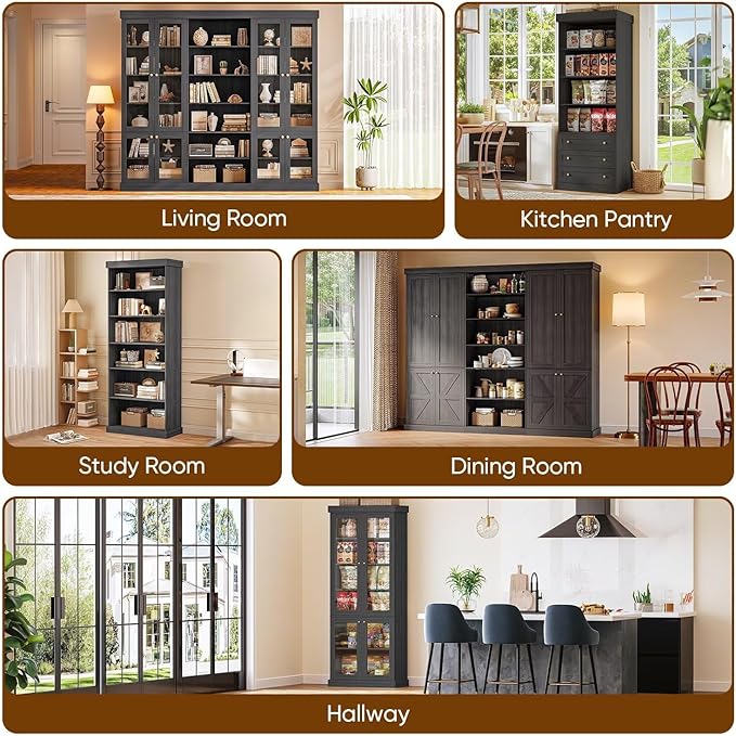 70.8" Tall Black Bookshelf with Glass Doors, Farmhouse Modular Bookcase with 6-Tier Adjustable Shelves, Large Storage Cabinet for Home Office, Living Room, Set of 2