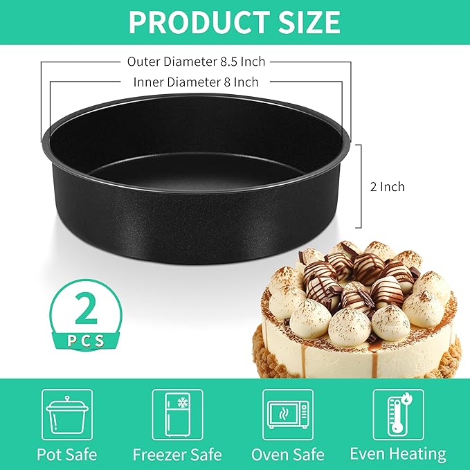 P&P CHEF Non-stick Cake Pan Set of 2, 8 Inch Round Baking Cake Pans Tins for Tier Smash Cakes, Non-Toxic & Solid, Stainless Steel Core & Leak-Proof, 2Pcs