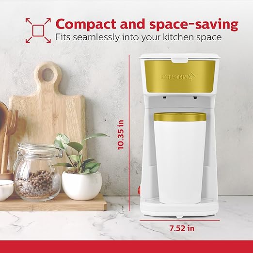 Holstein Housewares Personal Coffee Maker with 14oz Travel Mug – Compact One-Touch Brew Machine with Reusable Filter, Auto Shut-Off, Non-Stick Plate, Ideal for Home, Office, or Dorm. White & Gold