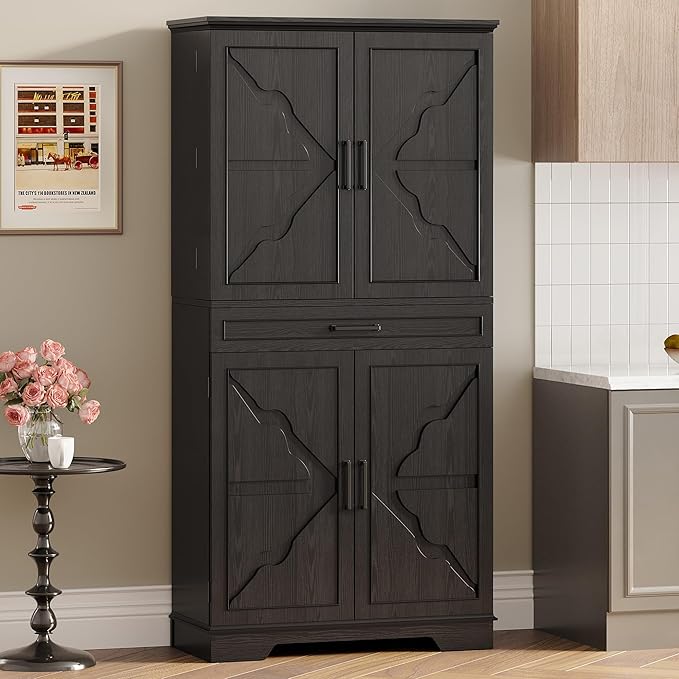 IRONCK Farmhouse Kitchen Pantry Cabinet, 72" Height Tall Freestanding Cupboard with Sliding Storage Rack and 6 Hanging Shelves for Kitchen, Dining Room, Black