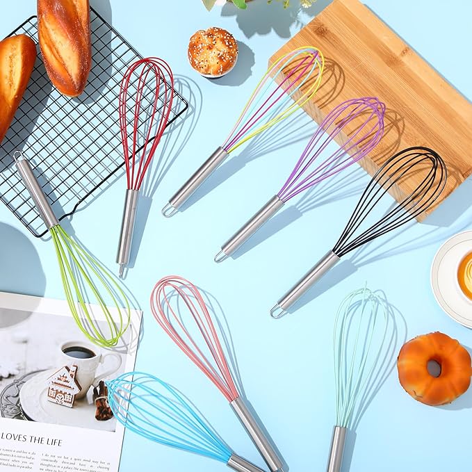 Domensi 16 Pcs 8 Inch Whisks Bulk for Cooking Silicone Whisks Non Scratch Stainless Steel Hand Coated Metal Heat Resistant Egg Beaters for Classroom Cook Party Favor Gift Supplies
