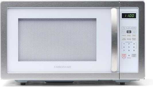 Farberware Countertop Microwave Oven 1000 Watt Power Auto Cook Settings, Defrost, Easy Clean and Child Safety Lock, 1.1 Cu. Ft, White Platinum