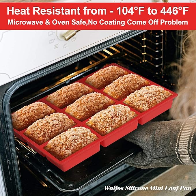 Walfos Silicone Mini Loaf Pan, Non-Stick Mini Bread Pan, 9 Cavity Silicone Bread Baking Mold, Perfect for Mini Loaf Cake and Bread, Meatloaf, Food Grade and BPA Free