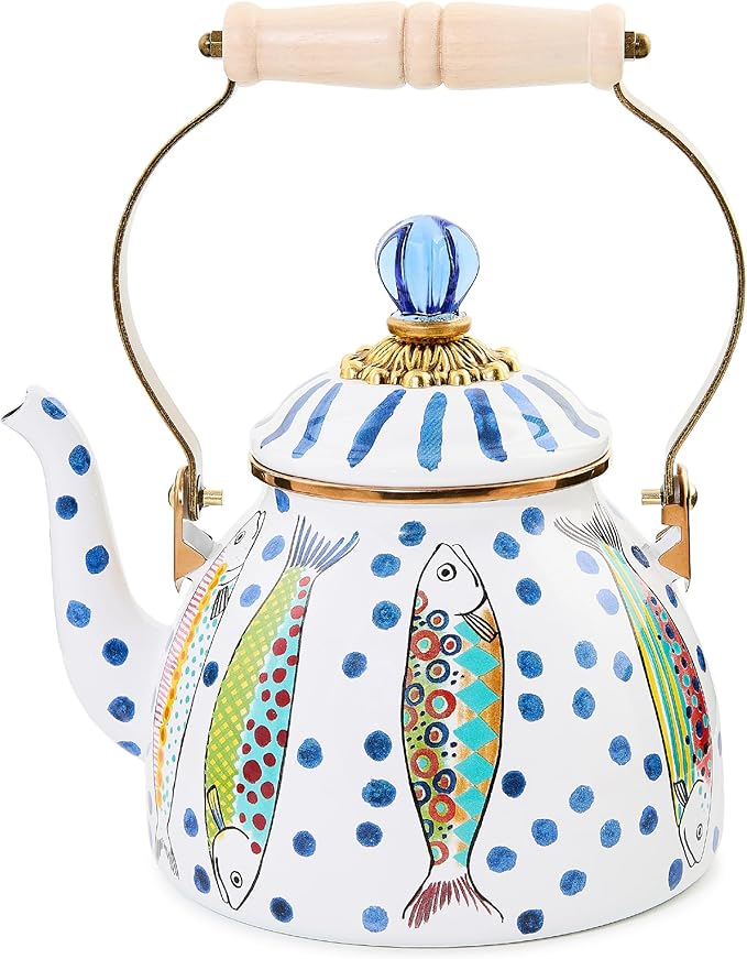 MACKENZIE-CHILDS Enamel Tea Kettle, Cute Tea Kettle for Stovetop, 2 Quarts, Go Fish