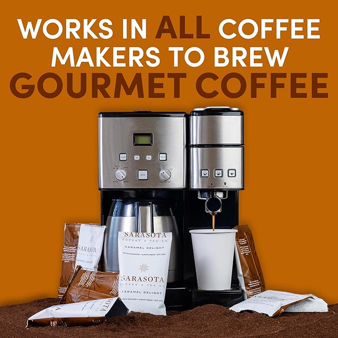 Sarasota Coffee Ground Packets | Gourmet Flavored Medium Roast Bulk Coffee Packs | Salted Caramel | Low Acid Mold Free Singles Individual Pouches for 12 Cups Maker | 2.5 Ounce Bags, 36 Count