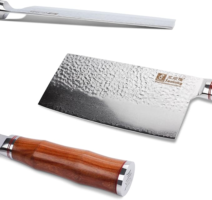 SUNLONG Meat Cleavers 7 inch Damascus Vegetable Cleaver Japanese Hammered Damascus Steel Bloodwood Handle