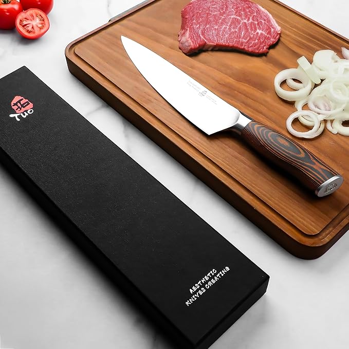 TUO Chef Knife, 8 inch Sharp Kitchen Knife with Pakkawood Handle, High Carbon Steel, Professional for Chopping & Dicing, Gift Box - Fiery Phoenix Series