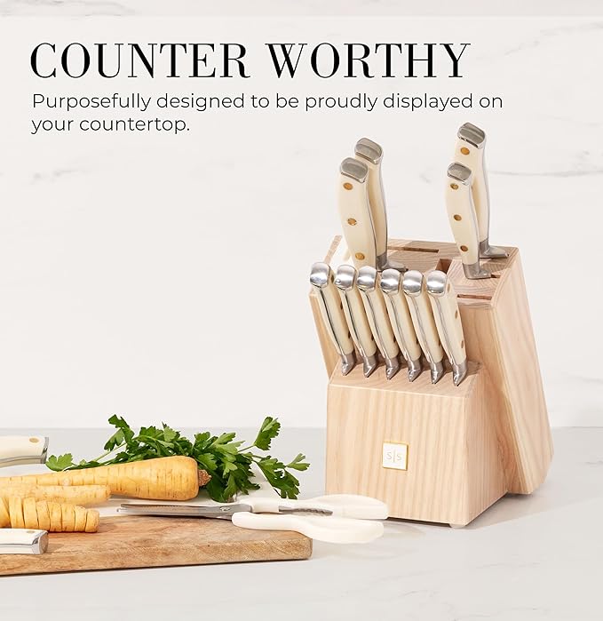 Styled Settings White Knife Set with Block and Sharpener – 14-Piece Ultra-Sharp High Carbon Stainless Steel Knives with Gold Triple Rivet White Handles and Ashwood Knife Block