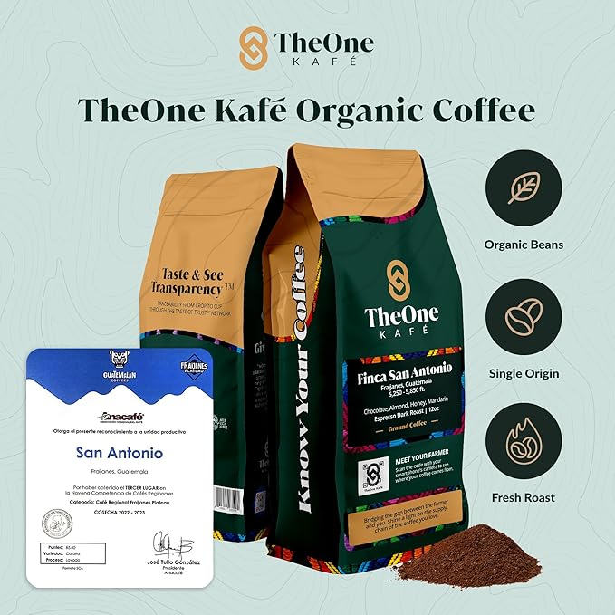 TheOne Kafé Guatemala Dark Roast Ground Coffee – Organic, Single Origin, Premium Specialty Coffee, Ethically Sourced, Smooth & Rich Flavor – Fresh Roasted for Espresso, Drip, Pour Over – 12 oz