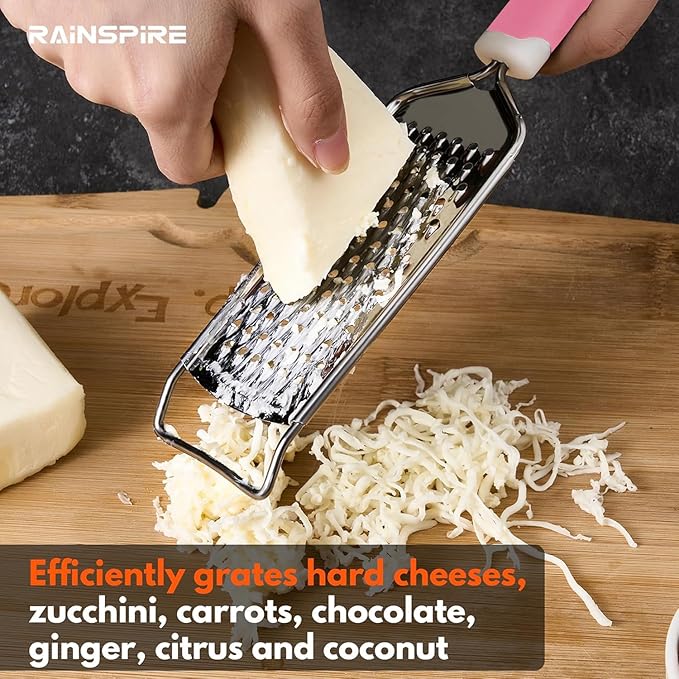 Rainspire Professional Cheese Graters for Kitchen Stainless Steel Handheld, Metal Lemon Zester Grater With Handle For Cheese, Chocolate, Spices, Kitchen Gadgets And Tools, Soft Grip Handle, Pink