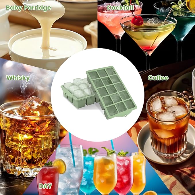 Silicone Ice Cube Tray, 2 Pack Easy-Release Stackable Ice Trays for Freezer with Lid 15 Reusable Cubes, Food Grade BPA Free Ice Molds for Whiskey, Baby Food, Coffee, Cocktail (Blue+Green)