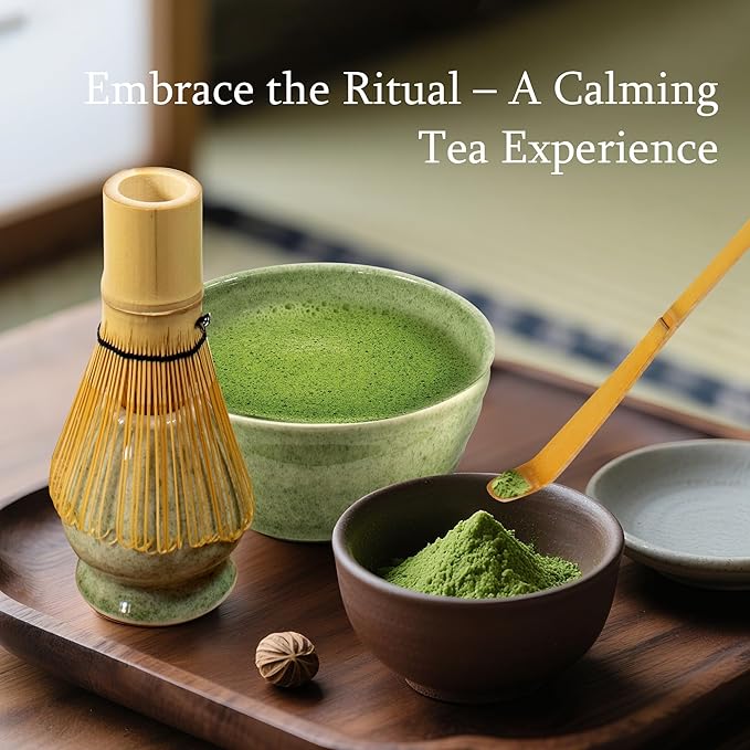 Matcha Tea Set – Japanese Matcha Bowl with Spout, Bamboo Whisk, Scoop, Holder & Strainer – Complete Ceremonial Matcha Kit for Beginners & Gift-Giving, Green