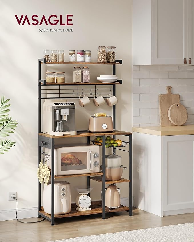VASAGLE Bakers Rack with Power Outlet, 35.4 Inches Microwave Stand, Coffee Bar, 4 AC Outlets, with Adjustable Shelves, 8 S-Hooks, Basket, Spice Racks, Rustic Brown and Ink Black UKKS031K01