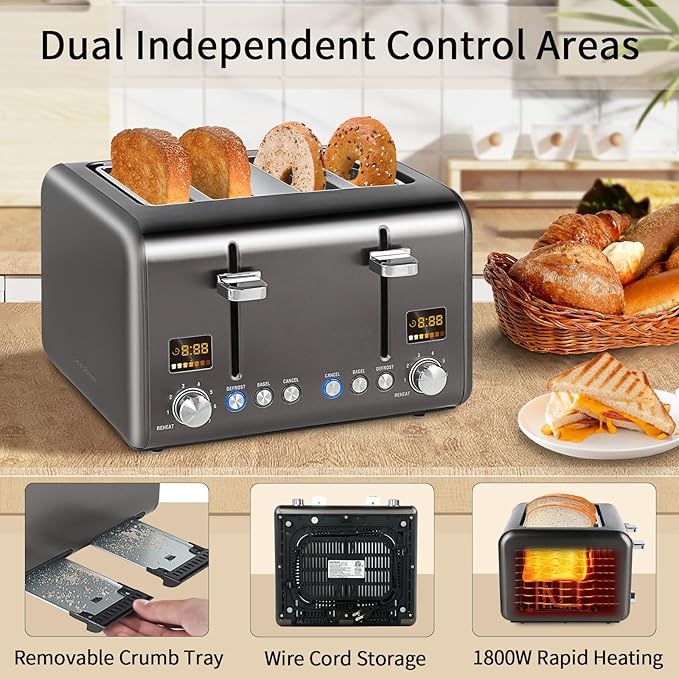 SEEDEEM 4 Slice Stainless Toaster with LCD Display, 7 Shade Settings, Wide Slots, Bagel/Defrost/Reheat Functions, Removable Crumb Tray, 1800W