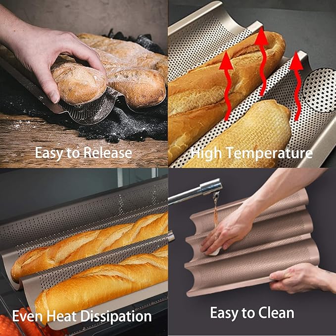 Hesanzol Baguette Pans for Baking 15" x 11", Carbon Steel 3 Loaf Nonstick Baguette Baking Tray for French & Italian Perforated French Bread Pan (2pack - Gold)