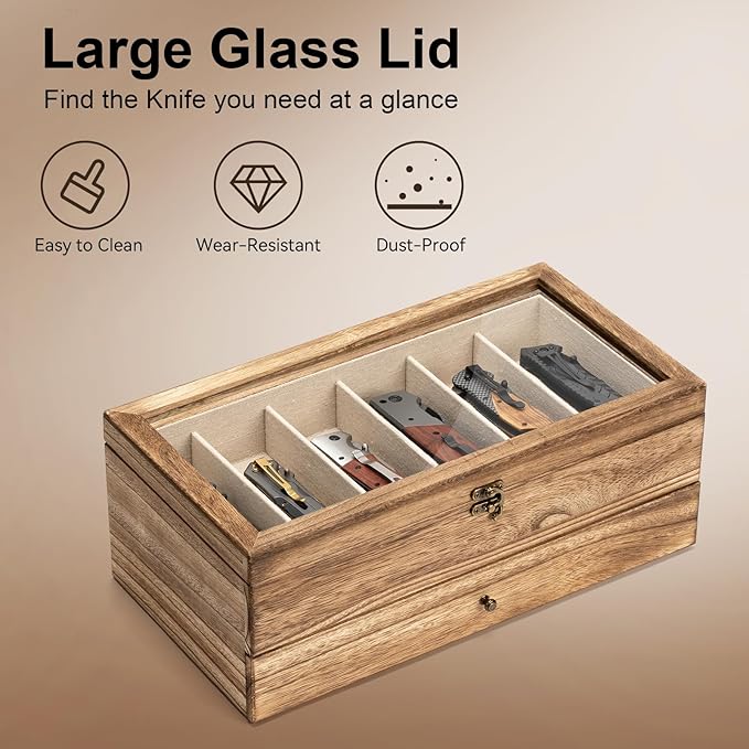 Knife Display Case, 2-Layer Pocket Knife Case Display & Storage Knives, Solid Wood Knife Case for Collections, Gift for Boyfriend Fathers Day Birthday Gifts(Brown)