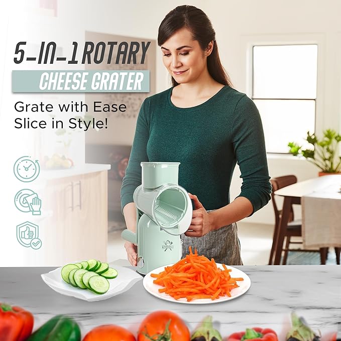 5-in-1 Rotary Cheese Grater with Hand Crank – Multi-Functional Vegetable Slicer, Nut & Cheese Shredder – Easy to Clean Food Grater (Green)