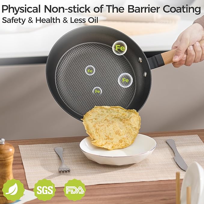 YUTANN 10" Enameled Non-Stick Cast Iron Skillet, Egg Frying Pan with Removable Wooden Handle, PFAS/PFOA Free, Dishwasher & Oven Safe (500°F)