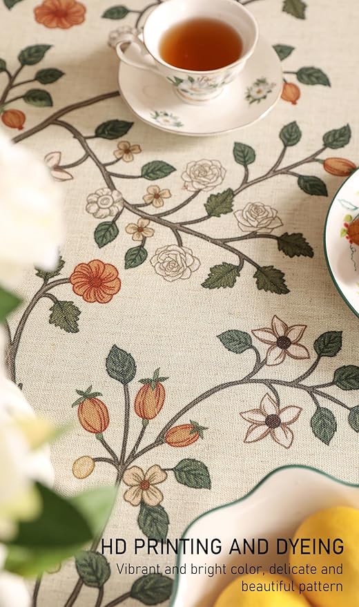 ISAENNE Designer Floral Extra Long Rectangle Tablecloth,French Linen Light Beige Indoor Table Cloth,Fall Wrinkle Resistant Decor Tablecloths for Dining Thanksgiving Kitchen,67"*118"-Flora A