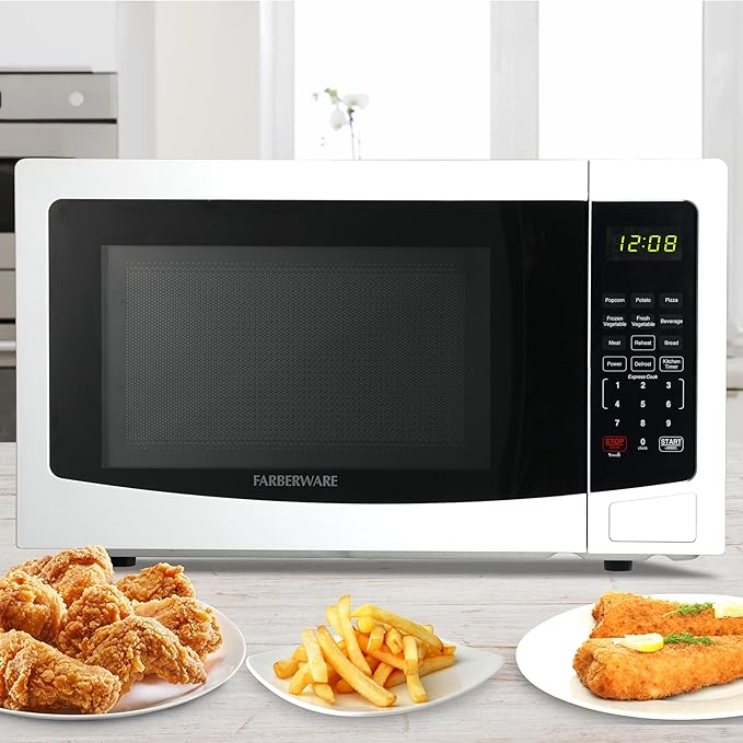 Farberware 1.1 Cu. Ft. Countertop Microwave Oven – 1000 Watts Power, Auto Cook Settings, Defrost, Easy Clean and Child Safety Lock-White