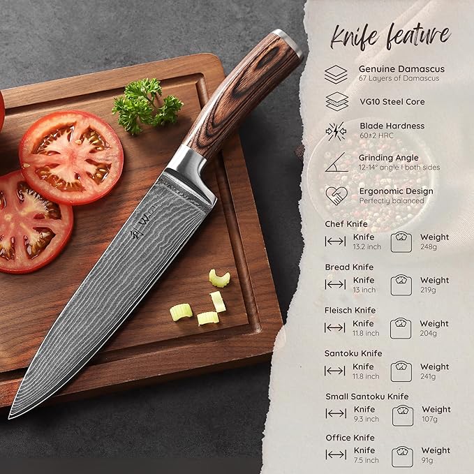Wakoli EDIB 6-Piece Damascus Knife Block Set – Professional Japanese Style Kitchen Knives with Magnetic Acacia Block | Genuine Damascus Steel Blades with VG10 Core | Ergonomic Pakkawood Handles