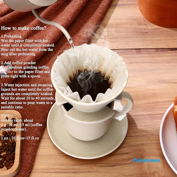 Pour Over Coffee Maker, with 50 PCS Basket Coffee Filters, 310 ml/10 oz Mug with Saucer & Coffee Dripper, Ceramic, Off-white