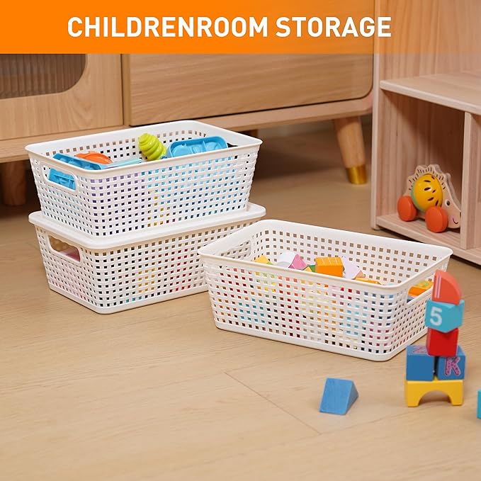 Plastic Storage Baskets With Lid, Storage Bins for Organizing, Stackable Decorative Containers for Shelves Drawers Desktop Closet Playroom Classroom Office, 8 Pack-White