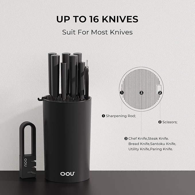 OOU Universal Knife Block Holder Without Knives, Round Kitchen Knife Holder, Detachable Knife Storage for Easy Cleaning-Black