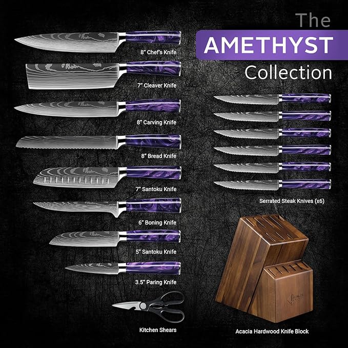 SENKEN 16-Piece Kitchen Knife Block Set - Japanese Chef's Knife Set with Laser Damascus Pattern, Includes 6 Steak Knives and Smoothly-Finished Acacia Hardwood Knife Block (Purple Resin Handles)