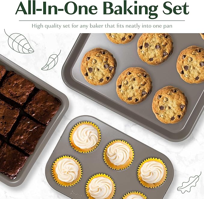 Goodful All-In-One Nonstick Bakeware Set, Stackable and Space Saving Design includes Round and Square Pans, Muffin Pans, Cookie Sheet and Roaster, Dishwasher Safe, 8-Piece, Graphite