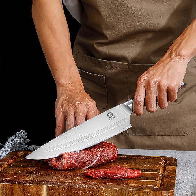 WILDMOK 9 Pcs Knife Block Set, Kitchen Knife Set with Block Wooden, German Stainless Steel Sharp Chef Knife Set with Bone Chopper